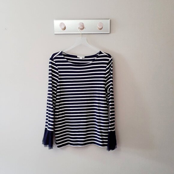 EUC beachlunchlounge collection navy blue & white stripe & organza cuff top, L - Picture 5 of 7